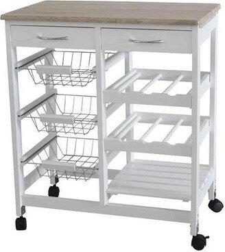 Oak Top Rolling Kitchen Trolley with Two Drawers and Two Baskets, White