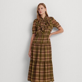 Ralph Lauren Plaid Crinkle Georgette Tie-Neck Dress