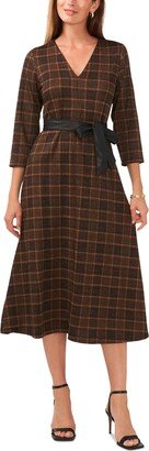 Petite Plaid-Print Faux-Leather-Belt Midi Dress - Black/Caramel