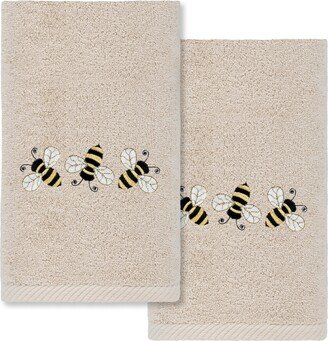 Linum Home Textiles Bee Dance Embroidered Luxury 100% Turkish Cotton Hand Towels, Set of 2, 30 x 16