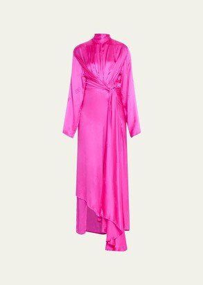 Front Drape BB Scarf-Neck Silk Dress, Pink