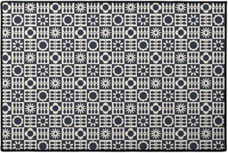 Door Mats: Scandinavian Checker Blooms - Off White And Navy Door Mat, Black