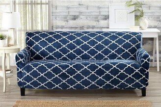 Great Bay Home Stretch Printed Velvet Plush Washable Sofa Slipcover (Sofa, Lattice - Navy)