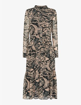 Womens Multi-coloured Marble-print Woven Midi Shirt Dress