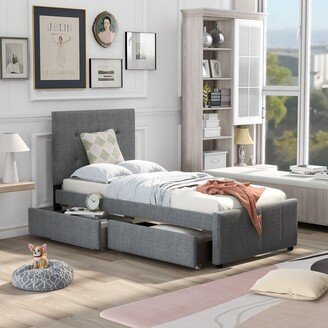 RASOO Gray Linen Bed with Headboard, 2 Drawers, Solid Wood Frame