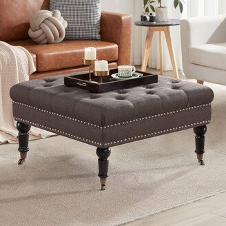 EPOWP Large Square Tufted Ottoman Coffee Table with Tray & Casters Wheels, Linen Ottoman Bench, Upholstered Coffee Table Ottomans