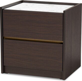 Walker Modern Dark Brown and Gold Finished Wood Nightstand With Faux Marble Top