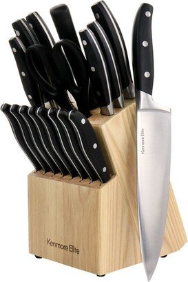 Elite 18 Piece Stainless Steel Cutlery and Wood Block Set in Black