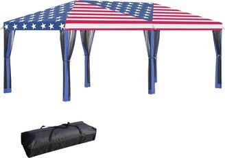 Outdoor 10' x 20' Patio Gazebo Outdoor Pop-Up Canopy with Sidewalls, 6 Mesh Walls for Party, Events, Backyard, Lawn, American Flag