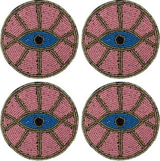 Pink Evil Eye Hand Embroidered Glass Bead Coasters, Set of 4