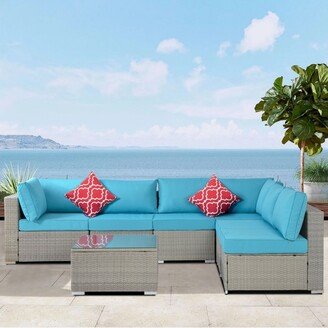 Telepassa 7-Piece PE Rattan Wicker Sofa Sets with 2 Pillows and Coffee Table