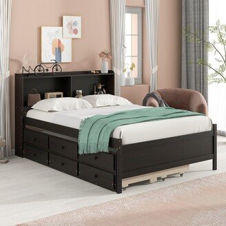 RASOO Pine Wood Bed with Bookcase Headboard, Pull-Out Trundle