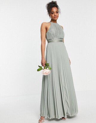 Bridesmaid pleated pinny maxi dress with satin wrap waist