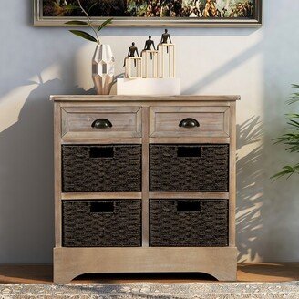 Calnod Rustic Storage Cabinet with Two Drawers, Four Classic Rattan Basket Storage Shelves, Bookcases with Rubber Pads at the Bottom