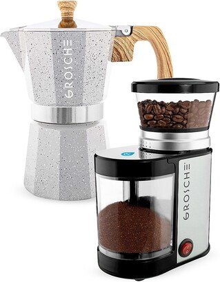 Milano Stone Stovetop Espresso Maker, 9 Cup Moka Pot & Electric Coffee Grinder Bundle