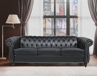 TiramisuBest Black PU Chesterfield Three Seater Sofa with Rolled Arm