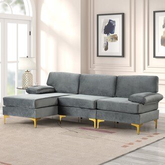 Luxehome Modern Large Velvet Fabric Sectional Sofa, L-Shape, Gold Legs with Wide Chaise