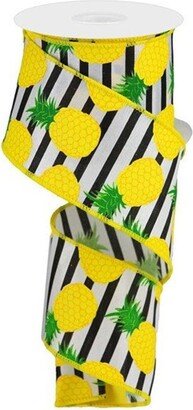 Pineapple Black/White Stripe Wired Ribbon, 2.5