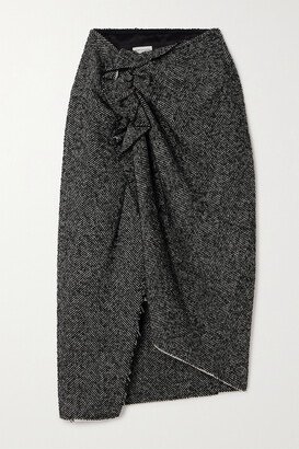 Wrap-effect Gathered Herringbone Wool-blend Midi Skirt - Black