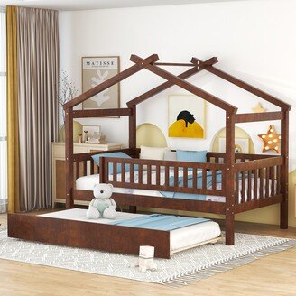 EDWINRAY Twin House-Shaped Daybed with Trundle, Wooden Platform Bedframe w/Roof & Safety Guardrail for Kids, Teens, Boys or Girls, Walnut