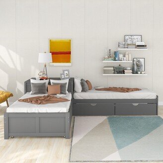 GEROJO Twin Size L-Shaped Platform Bed with Trundle & Drawers