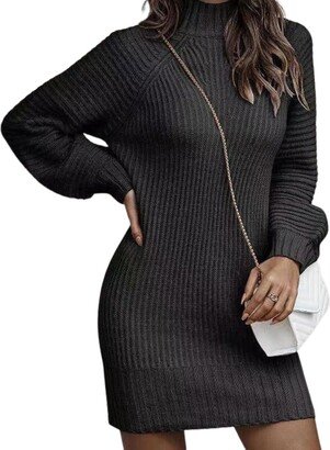 Guteidee Women Turtleneck Knit Pullover Sweater Black Warm Ribbed Knit Tunic Dress Long Lantern Sleeve Bodycon Mini Dress