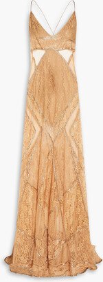 Gianni embellished point d'esprit-paneled lace maxi dress