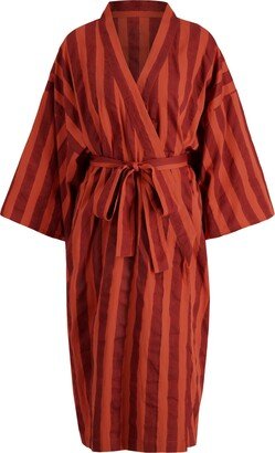 Kate Austin Designs Lena Organic Cotton Lounge Kimono Robe With Obi Belt Tie And Hidden Sleeve Pockets In Clay Cabana Stripe Block Print