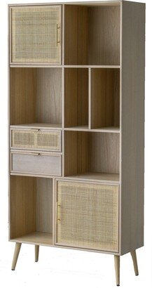 Dana 75 Inch Bookcase, 6 Unique Shelves, 4 Rattan Drawers, Natural Brown