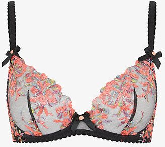 Womens Black/neon Orange Lexx Floral-embroidered Underwired Woven Plunge bra