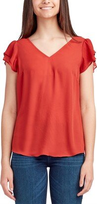 Juniors' V-Neck Tiered-Flutter-Sleeve Top