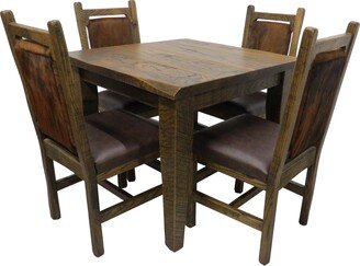 Rustic Barn Wood Farmhouse Dining Table 5 Piece Set Including 4 Chairs With Hair On Hide Back & Real Leather Seat