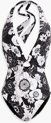 Plunge floral-print halterneck swimsuit