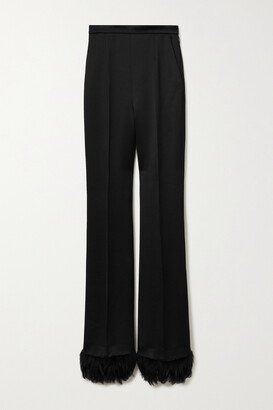 Feather-trimmed Satin-crepe Straight-leg Pants - Black