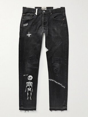 Slim-Fit Straight-Leg Painted Embroidered Distressed Jeans-AA