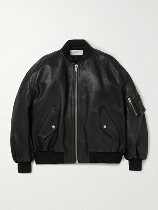 Studded Logo-Print Leather Bomber Jacket