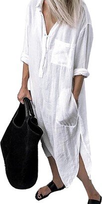 ZANZEA Women's Shirts Dress V Neck Long Sleeve Button Down Loose Casual Summer Cotton Dress Cover Ups Beach Shirt Top with Pockets 1-White 5XL