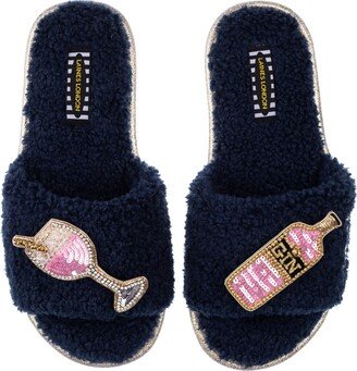 Laines London Teddy Towelling Slipper Sliders With Pink Gin Brooches - Navy