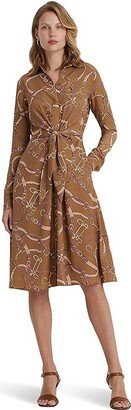 Belting-Print Tie-Front Crepe Shirtdress (Camel Multi) Women's Dress