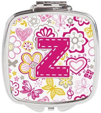 CJ2005-ZSCM Letter Z Flowers & Butterflies Pink Compact Mirror