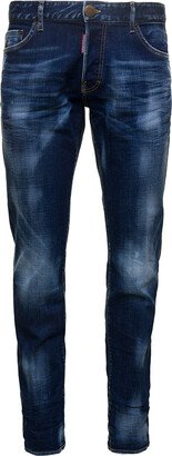 Blue Slim Jeans With Logo Patch And Faded Effect In Stretch Cotton Denim Man