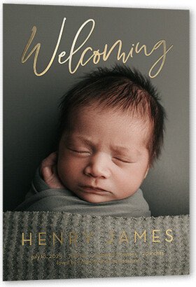 Birth Announcements: Gleaming Welcome Birth Announcement, White, Gold Foil, 5X7, Matte, Personalized Foil Cardstock, Square