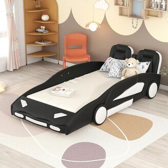 GEROJO Pine Wood Twin Size Race Car Platform Bed with Wheels, Solid Construction, Guardrails, and Cool Design