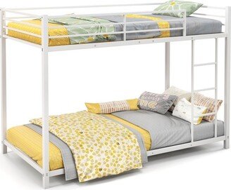 Tangkula Metal Bunk Bed Twin over Twin Low-Profile Bunk Bed Frame with Full Length Guardrail & Ladder Space-saving Twin Size Bed White