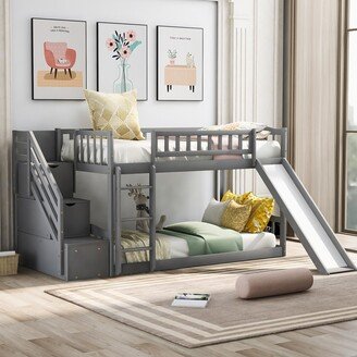 GEROJO Stairway Twin over Twin Bunk Bed with Two Drawers and Slide, Convertible Ladder and Slide