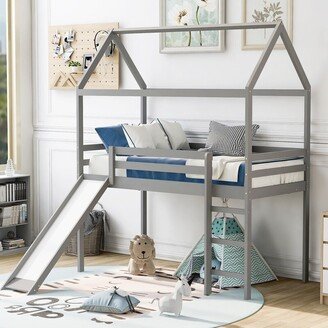 NOVABASA Twin Size Loft Bed with Slide, House Bed with Roof,Girls & Boys/Bedroom Furniture, Space-Saving