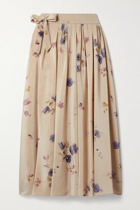 Iris Pleated Floral-print Silk Crepe De Chine Midi Skirt - Cream