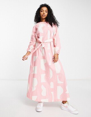 poplin tie waist maxi dress in pink print