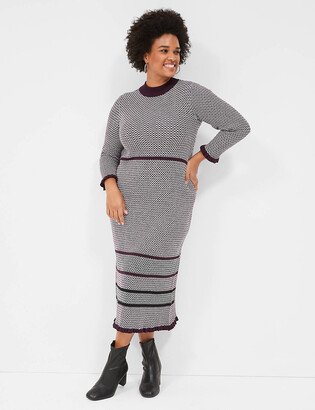 3/4-Sleeve Mock-Neck Stripe Detail Sweater Dress