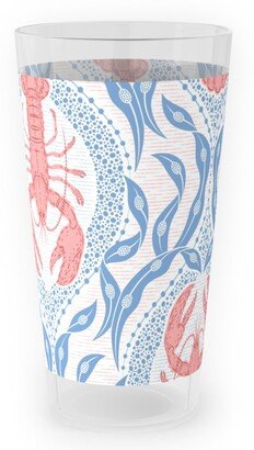 Outdoor Pint Glasses: Lobster And Seaweed Nautical Damask - White, Coral Pink And Cornflower Blue Outdoor Pint Glass, Blue